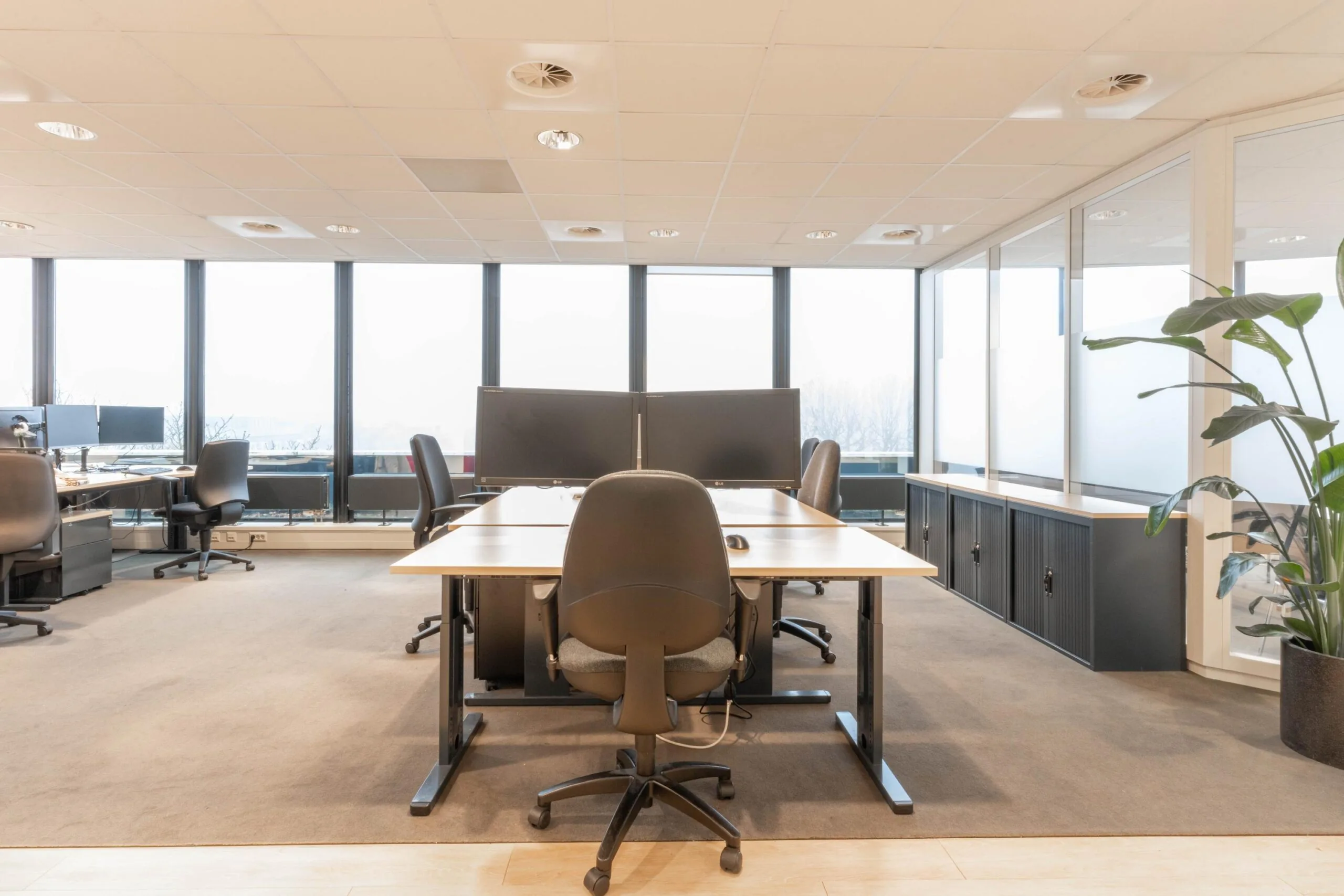Moderne en lichte kantoorruimte aan de 1e Hogeweg met werkplekken, bureaustoelen, grote ramen en planten.