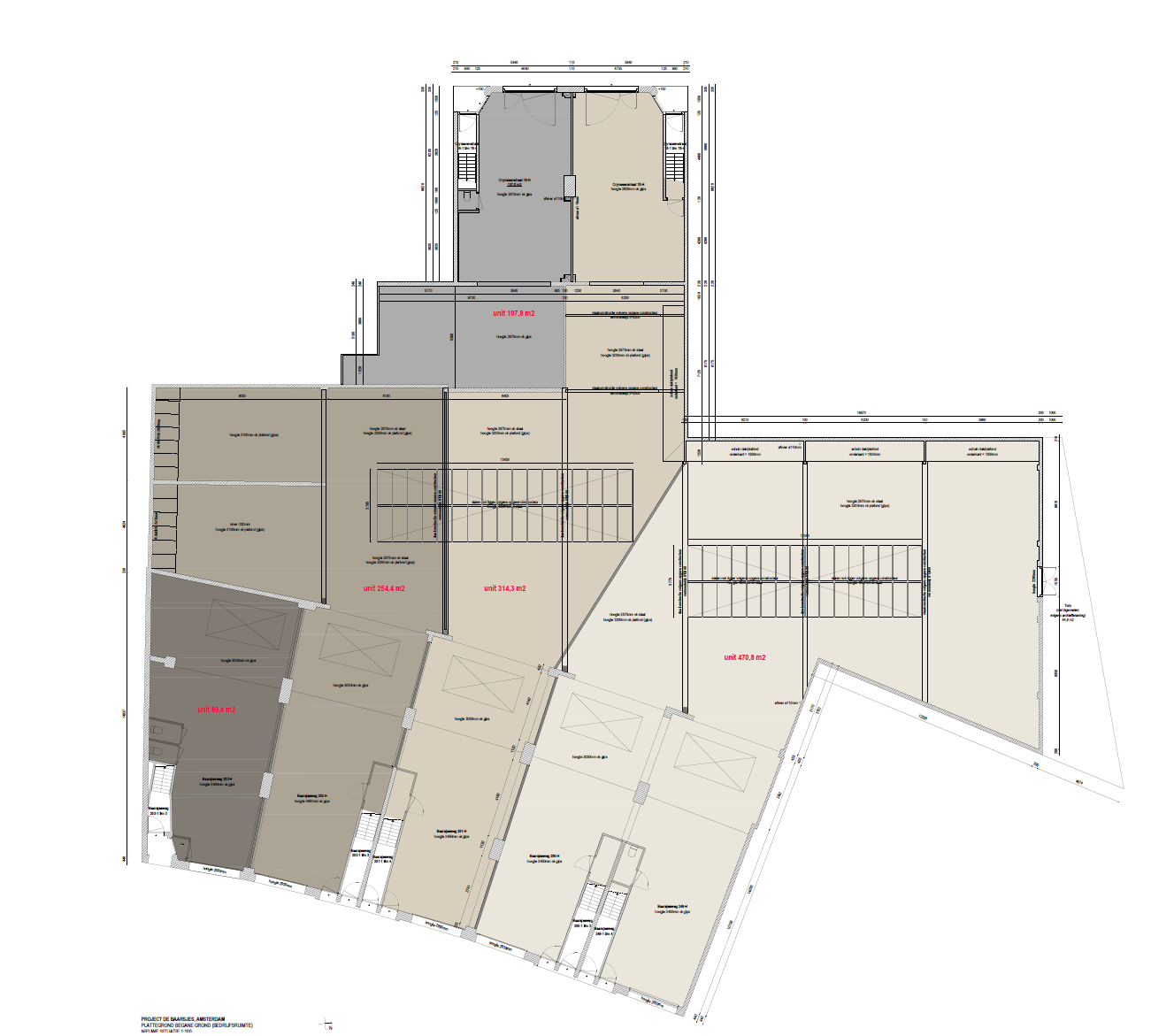 Plattegrond van een bedrijfspand aan de Baarsjesweg met meerdere units en oppervlaktes in vierkante meters.