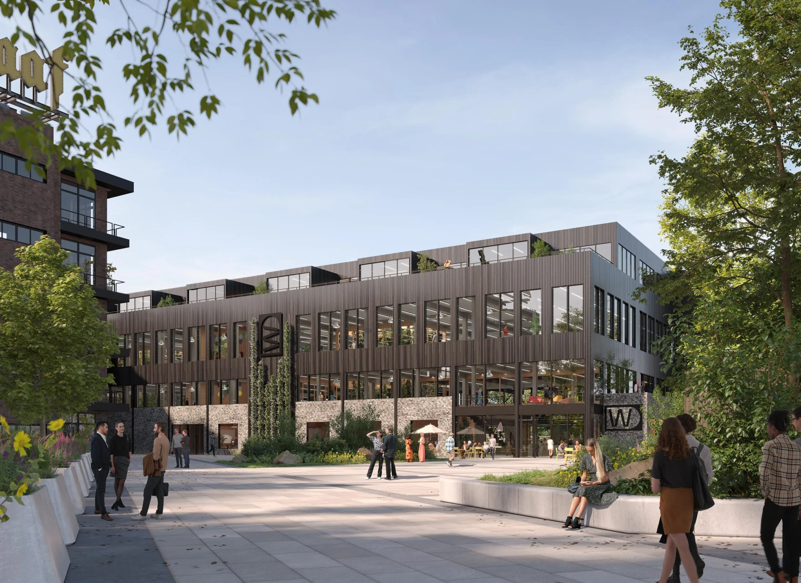 Moderne kantoorontwikkeling aan de Basisweg met een duurzaam ontworpen gevel en levendig plein met mensen.