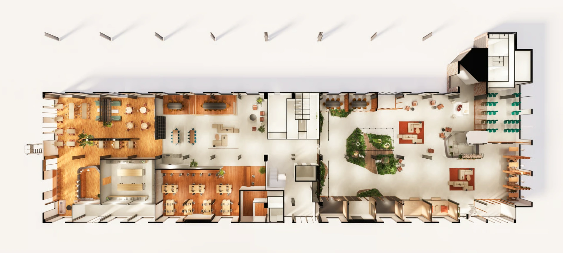 Plattegrond van een modern kantoor aan de Basisweg met diverse werkplekken, vergaderruimtes, lounges en een centrale binnentuin.