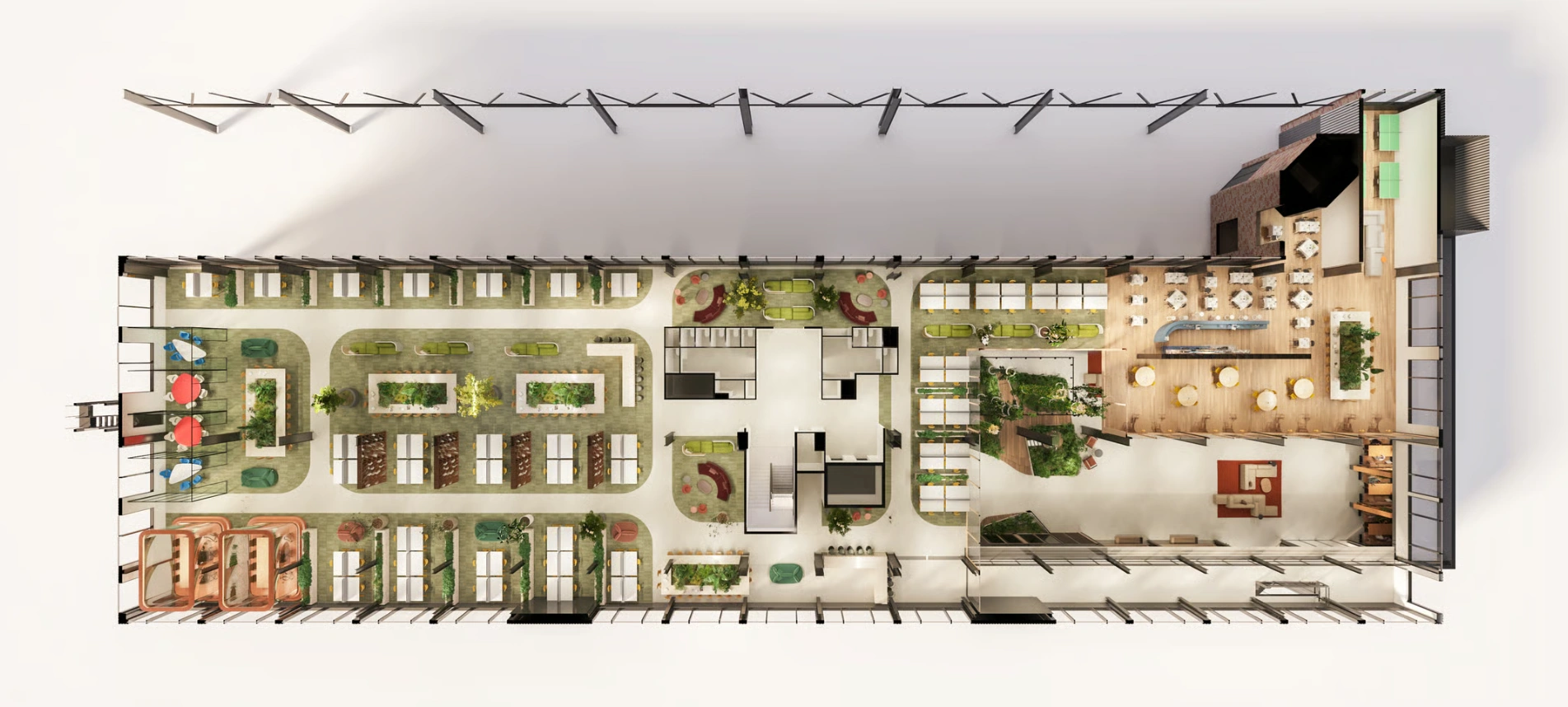 Bovenaanzicht van een modern en groen ingericht kantoorgebouw aan de Basisweg met werkplekken, vergaderruimtes, ontspanningszones en een horeca-gedeelte.