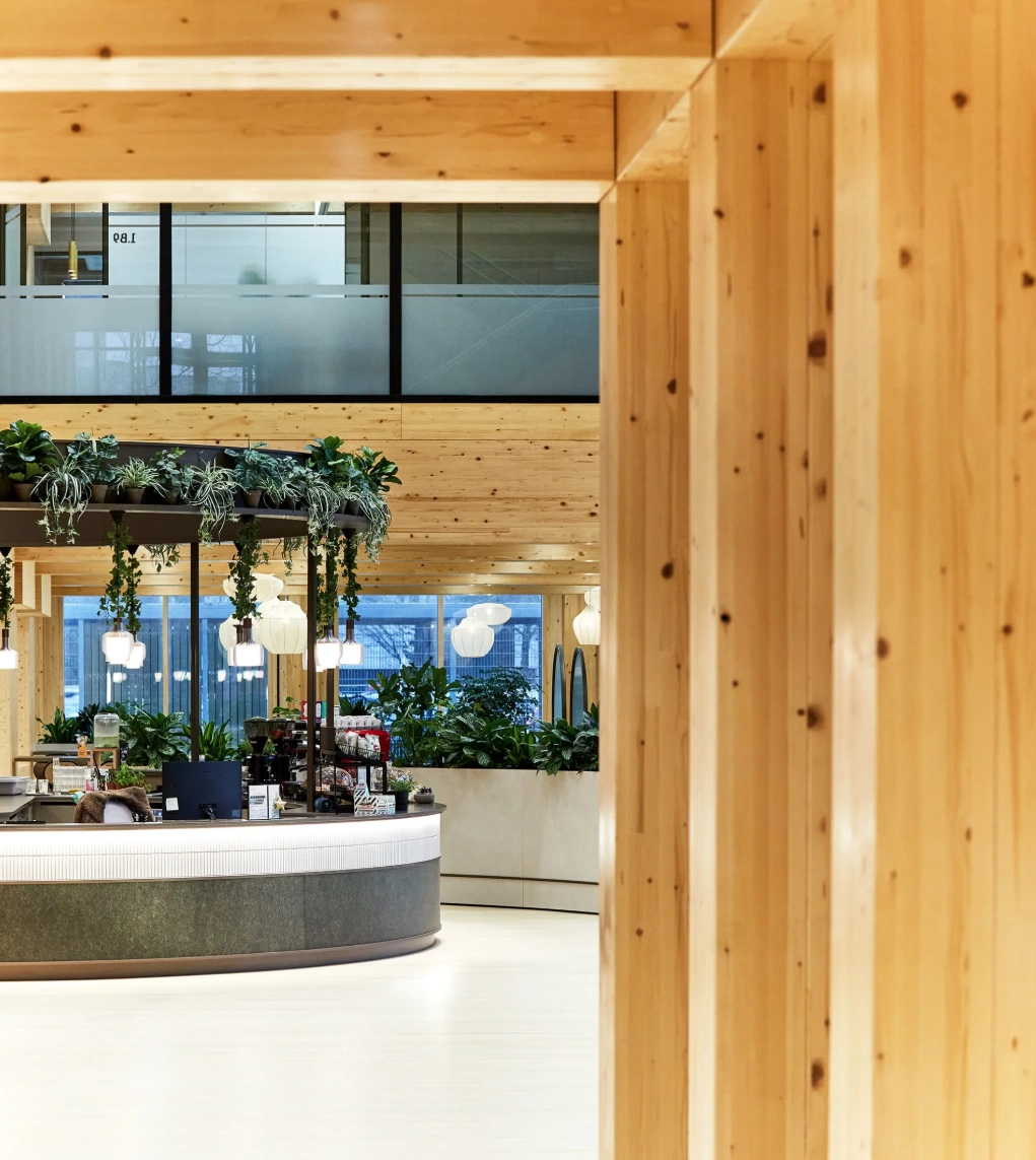 Moderne ontvangstruimte aan de Basisweg met houten interieur, veel planten en een ronde balie.
