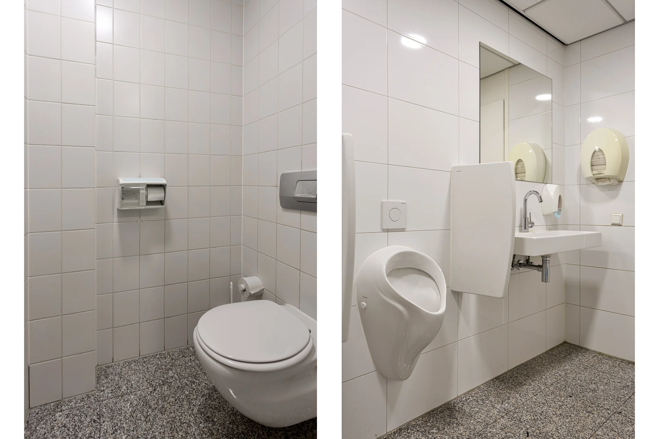 Twee foto's van een openbaar toilet aan de Energieweg, met een wandcloset, urinoir, wastafel en hygiënevoorzieningen.