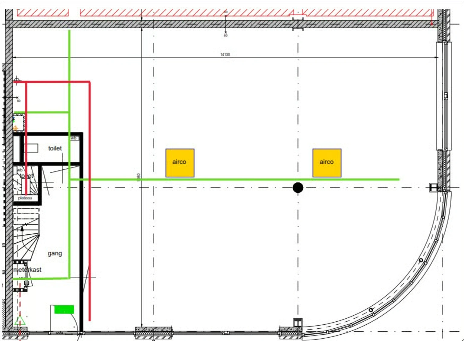 Plattegrond van een verdieping aan de Nijverheidslaan met aanduiding van twee airco-units, toiletruimte, gang en meterkast.