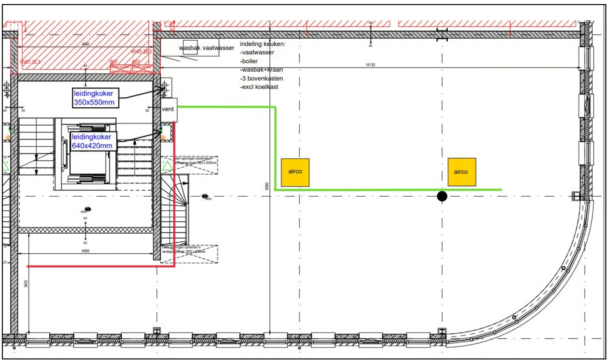 Plattegrond van een verdieping aan de Nijverheidslaan met aanduidingen van leidingskokers, keukenindeling en airco-units.