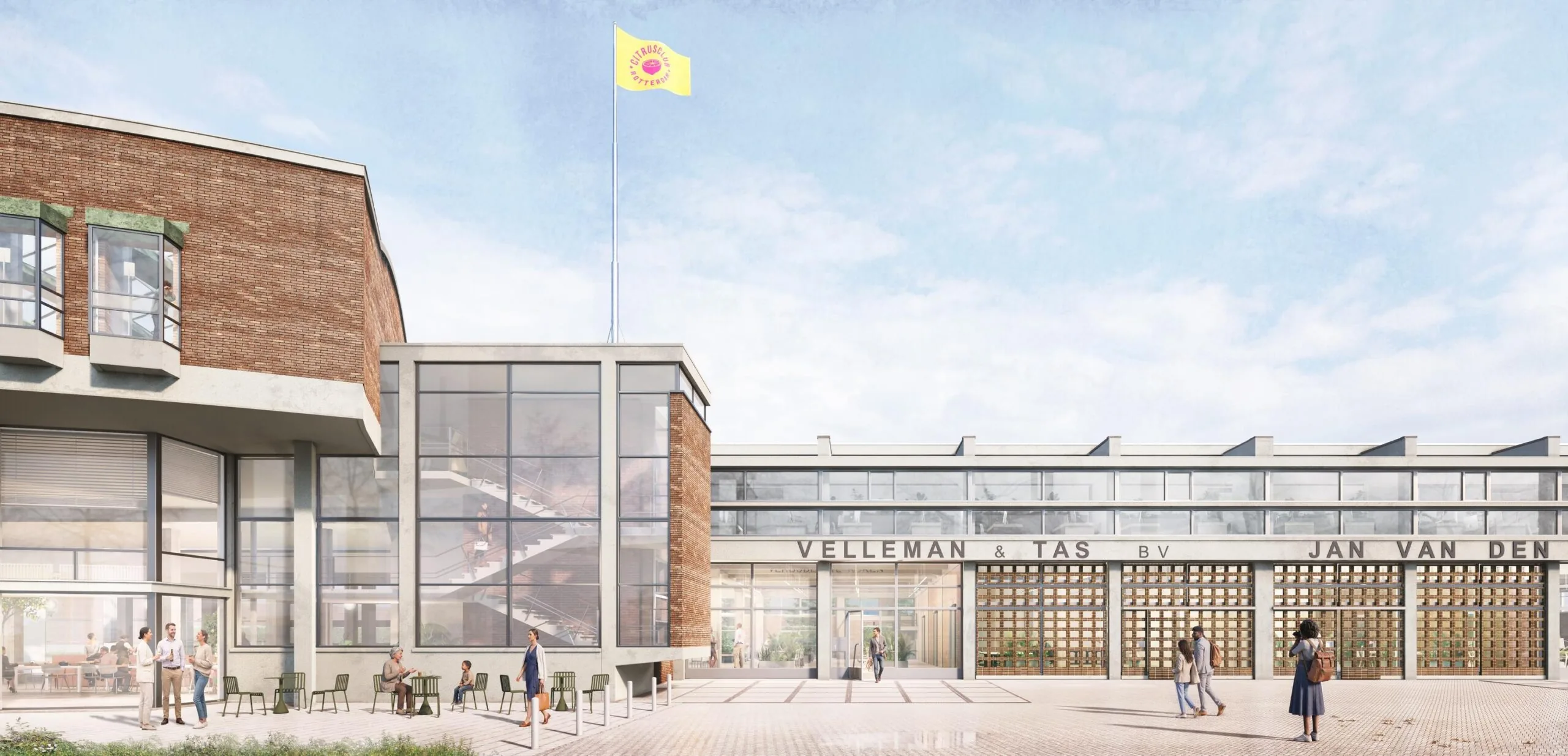 Straatbeeld van een modern gebouw met de naam "Velleman & Tas BV" en mensen die buiten lopen en zitten.