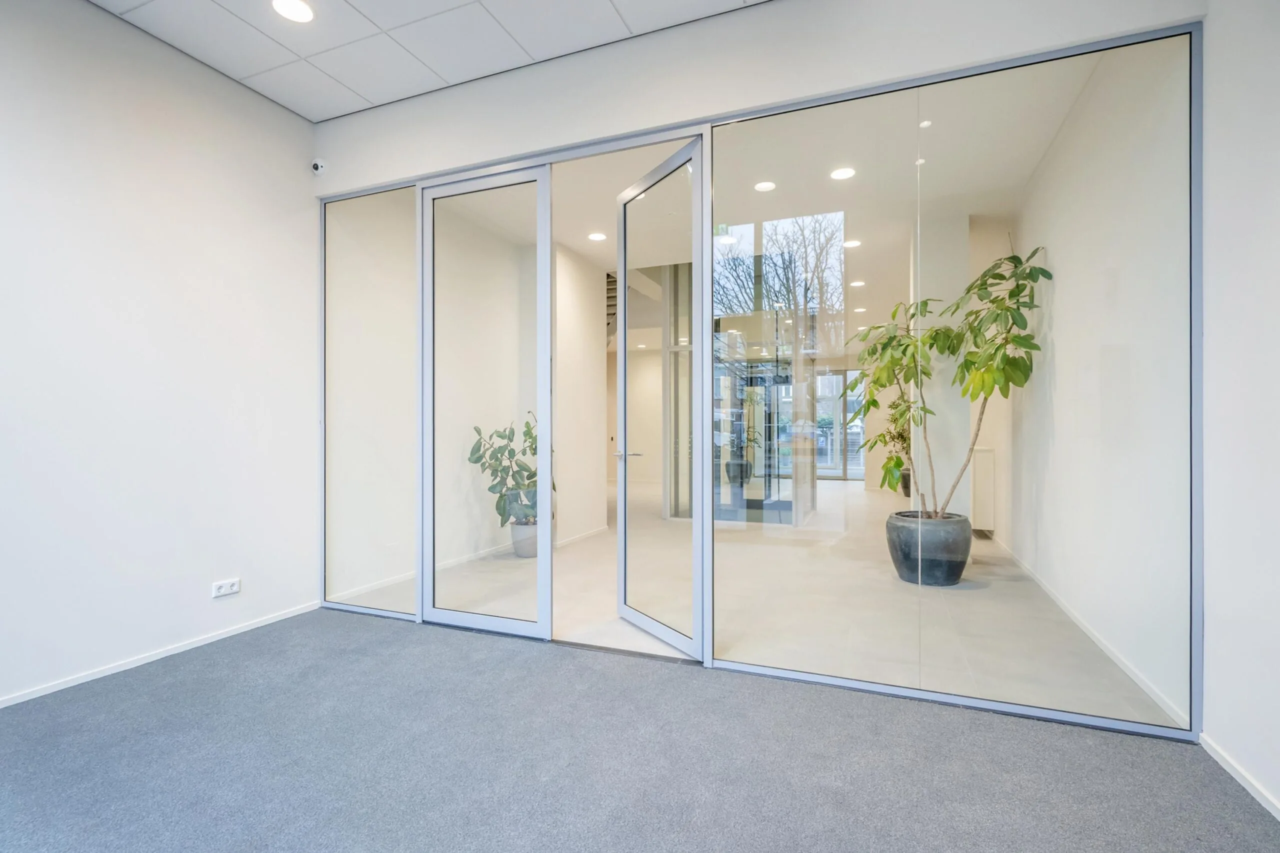Een moderne, glazen kantoorruimte met planten in potten zichtbaar door de wand.