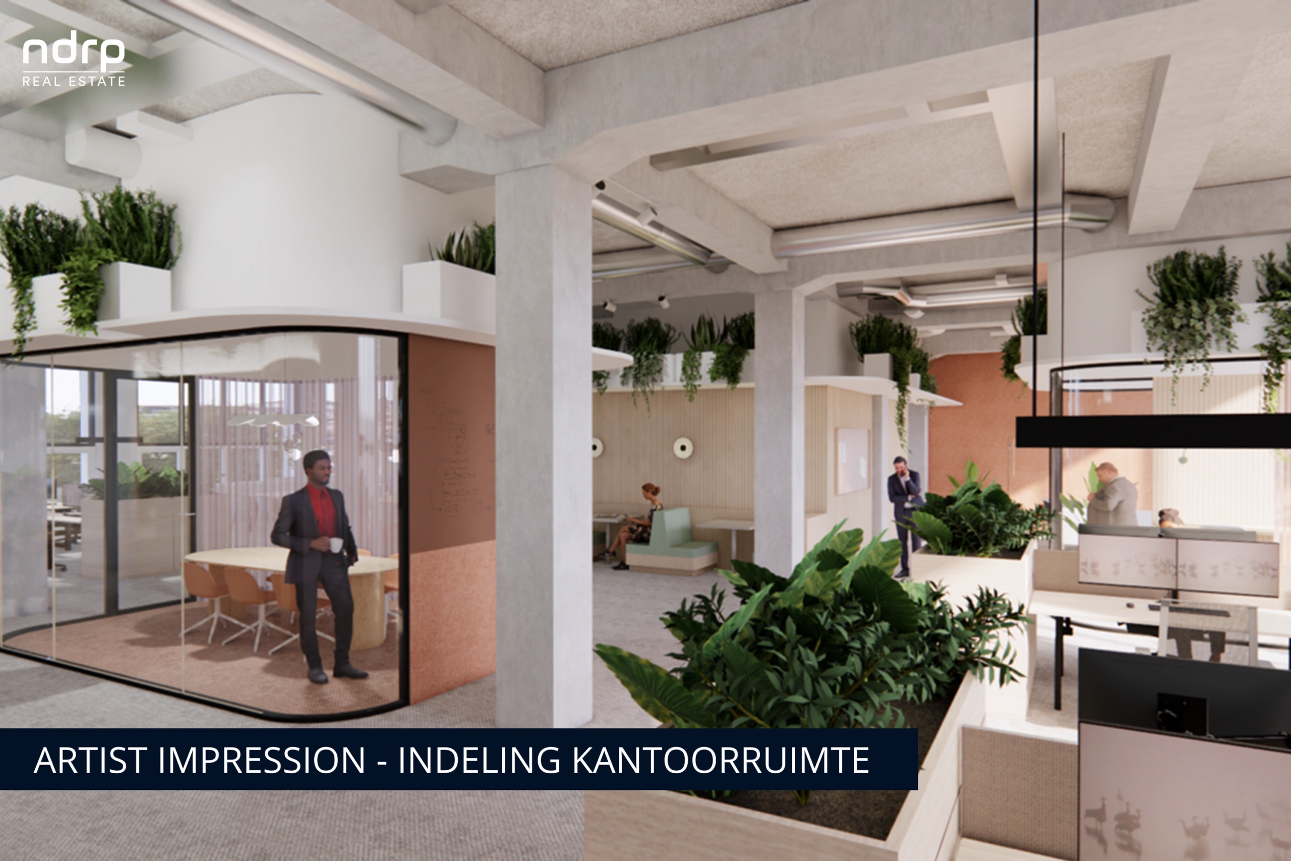 Artist impression van een modern kantoor met veel groen en glazen vergaderruimte.