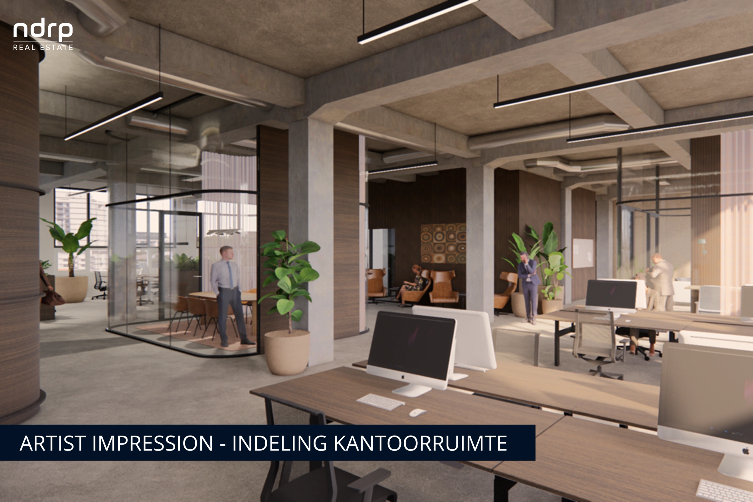 Artistieke impressie van een moderne kantoorspace met open indeling en glazen wanden.