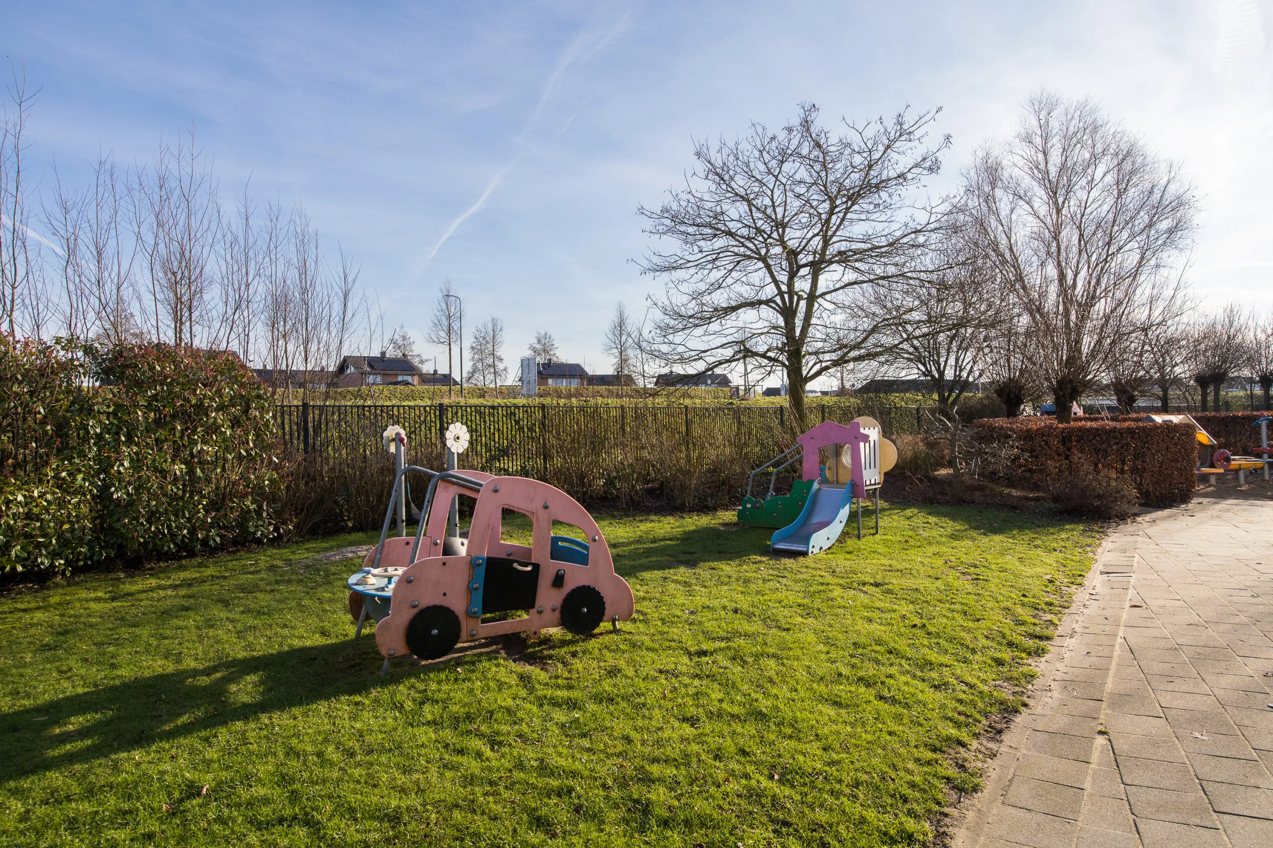 Een speelplaats met een speeltoestel in de vorm van een roze auto en een blauwe glijbaan op een grasveld.