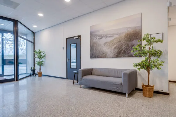 Een moderne wachtruimte met een grijze bank, planten en een grote foto van een zandduin aan de muur.