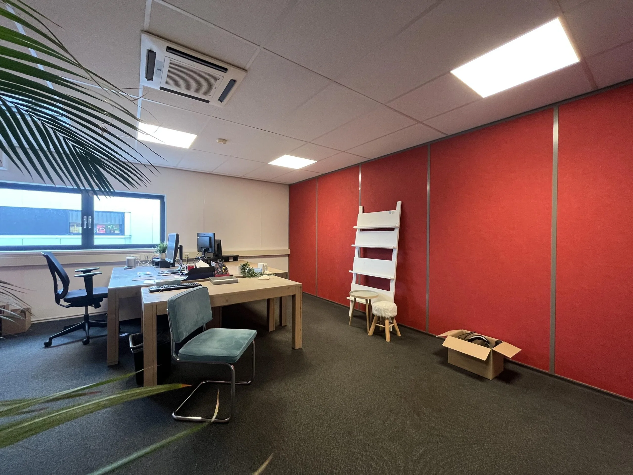 Een moderne kantoorruimte met houten bureau, stoelen, planten en een rood accentmuur.