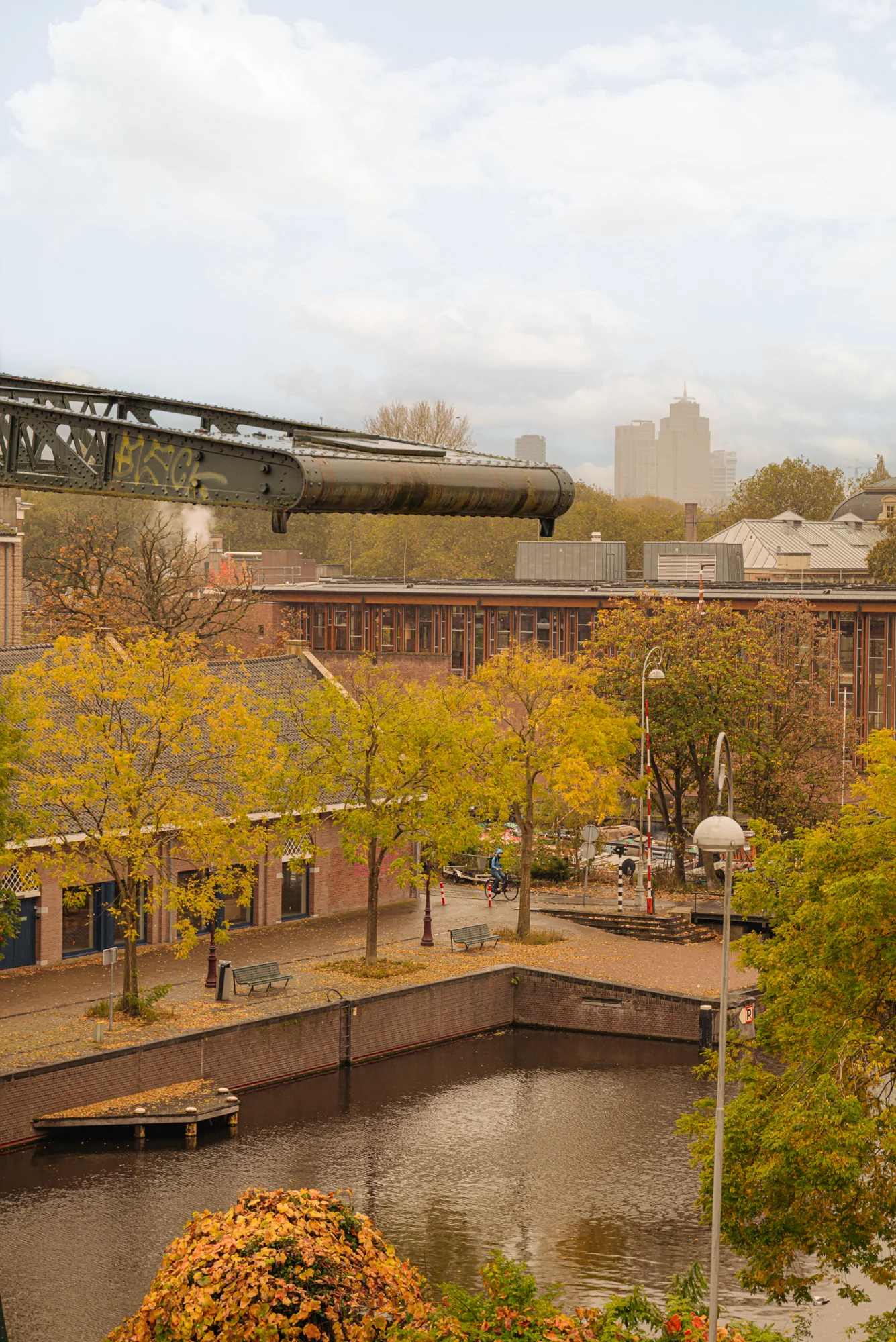 Uitzicht op een herfstige straat met bomen langs een gracht en een industriële brug op de Hoogte Kadijk.