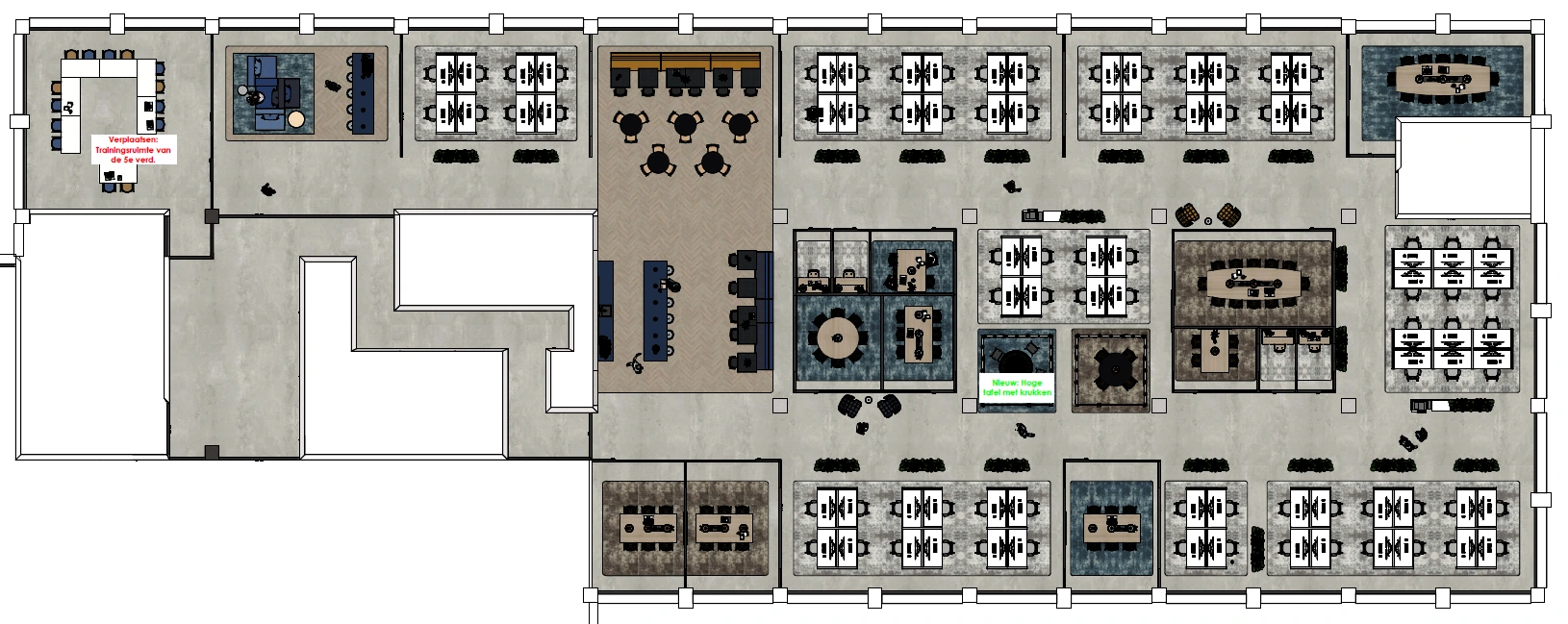 Plattegrond van een kantooretage met verschillende werkplekken, vergaderruimtes en faciliteiten op de Spaklerweg.