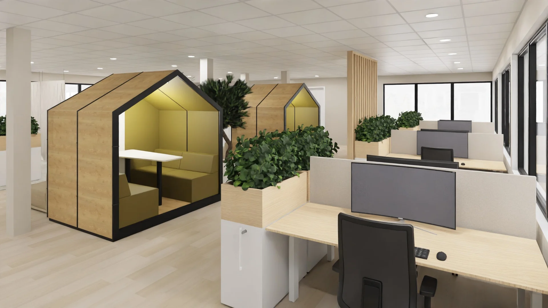 Moderne kantoorruimte met houten werkplekken, groene planten, en knusse, huisvormige vergaderruimtes.