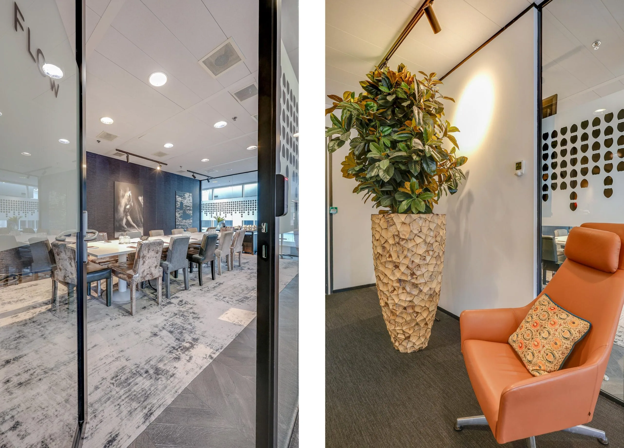 Een moderne vergaderruimte met glazen deuren en een stijlvolle wachtruimte met een grote plant en comfortabele stoel.