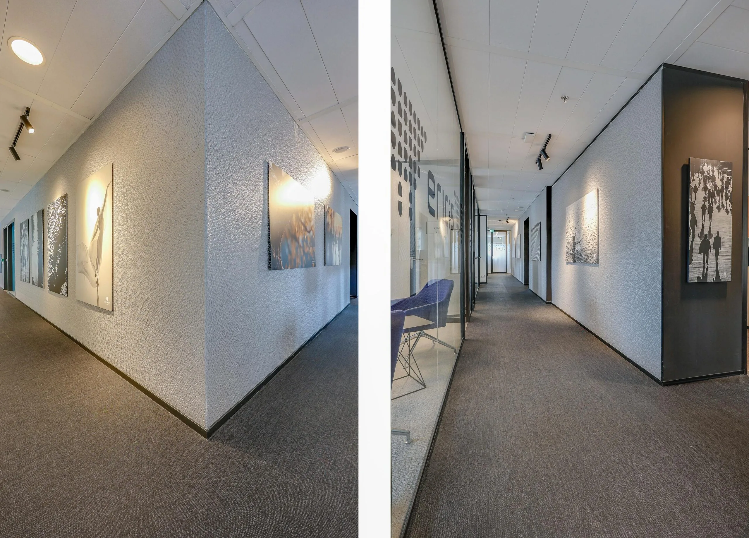 Een moderne, lichte gang in het Gustav Mahlerplein met kunstwerken aan de muren.