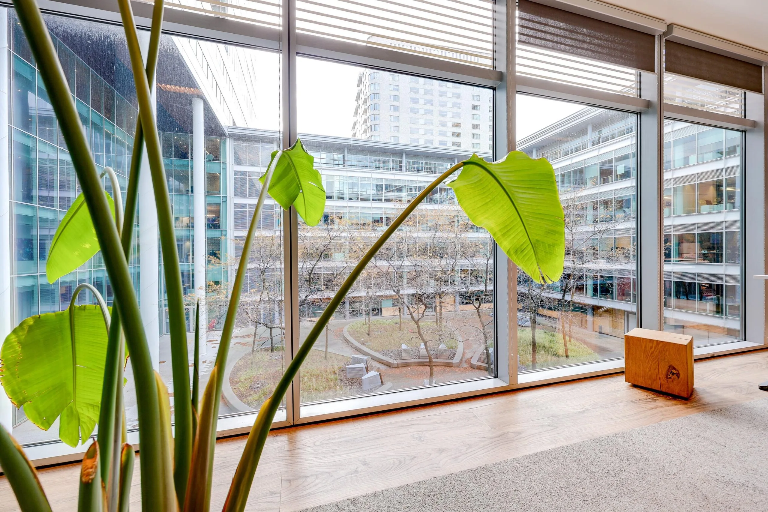 Een binnenruimte met grote ramen biedt uitzicht op een modern gebouw aan de Gustav Mahlerlaan.