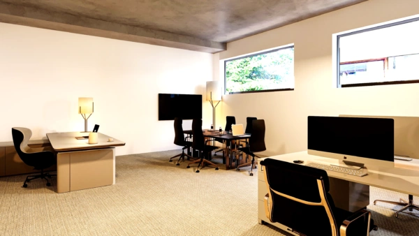 Een moderne kantoorruimte met bureaus, stoelen en computerwerkplekken op de Lindenhoevestraat.