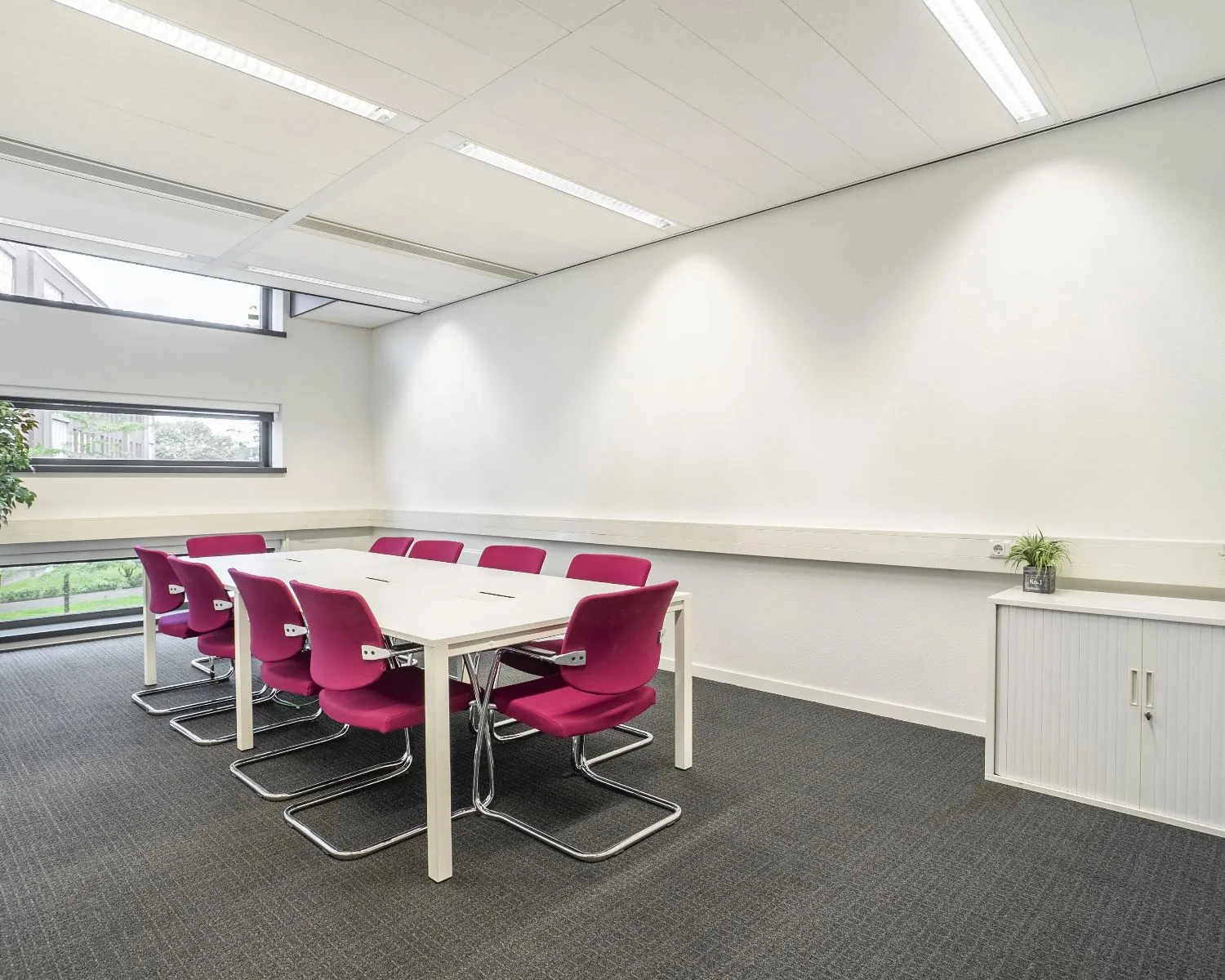 Vergaderruimte met witte tafel, acht roze stoelen en grote ramen met uitzicht op groen.