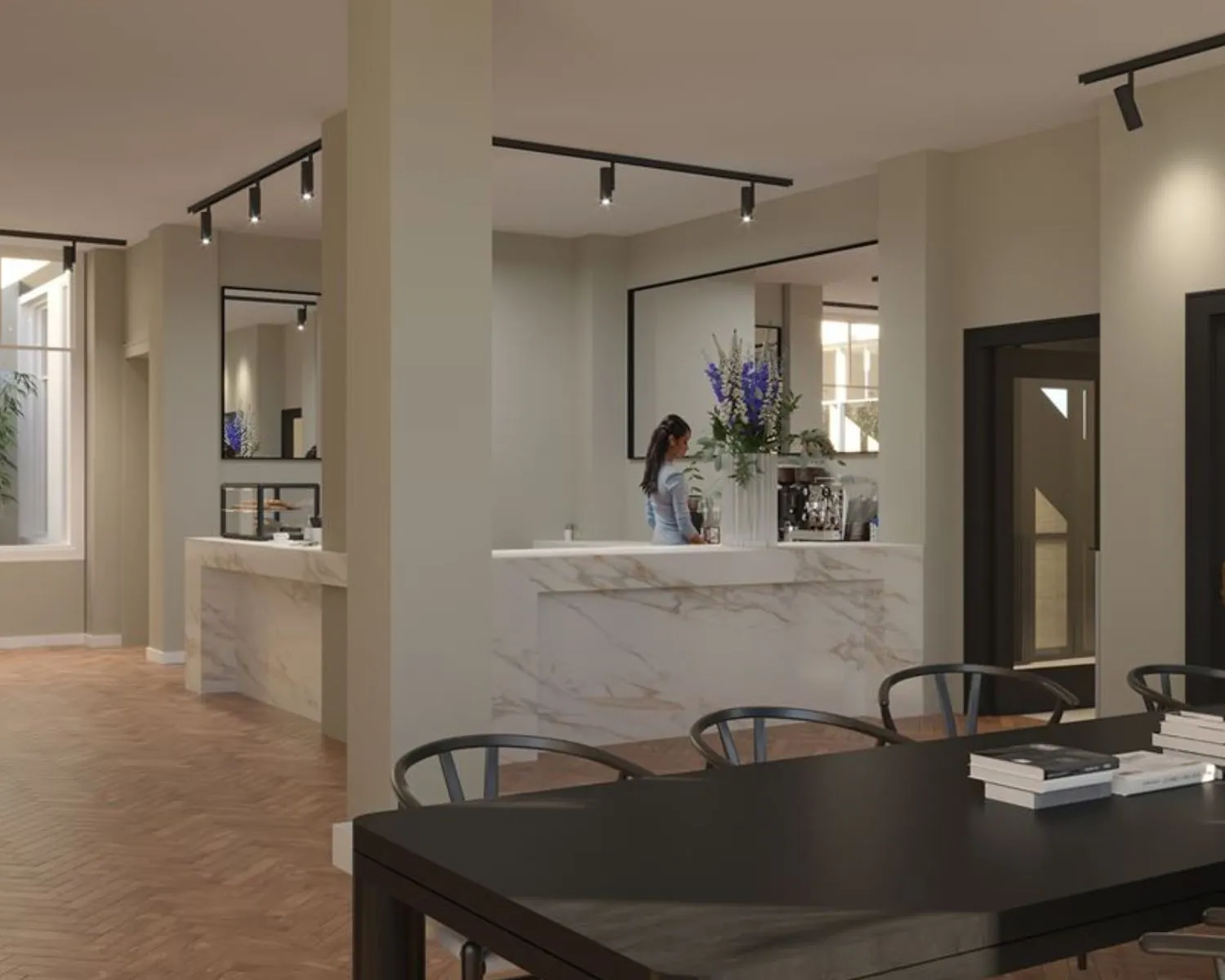 Moderne kantoorruimte met marmeren balie en zithoek aan de Westermarkt 2 in Amsterdam.