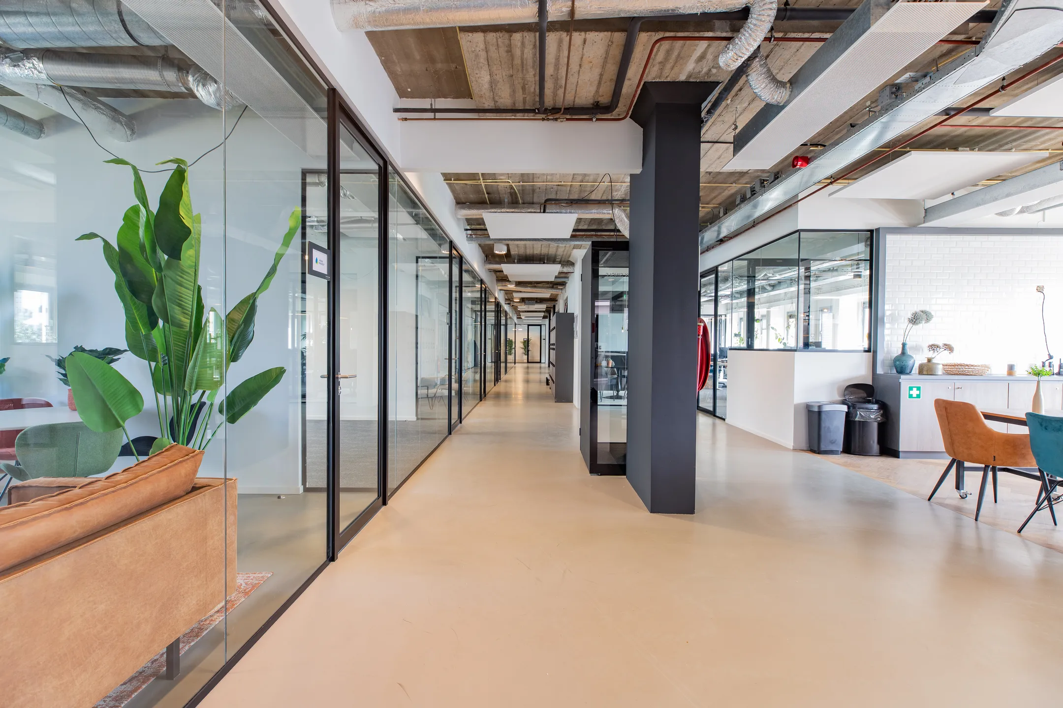 Moderne kantoorruimte met glazen wanden en groene planten langs een ruime gang.