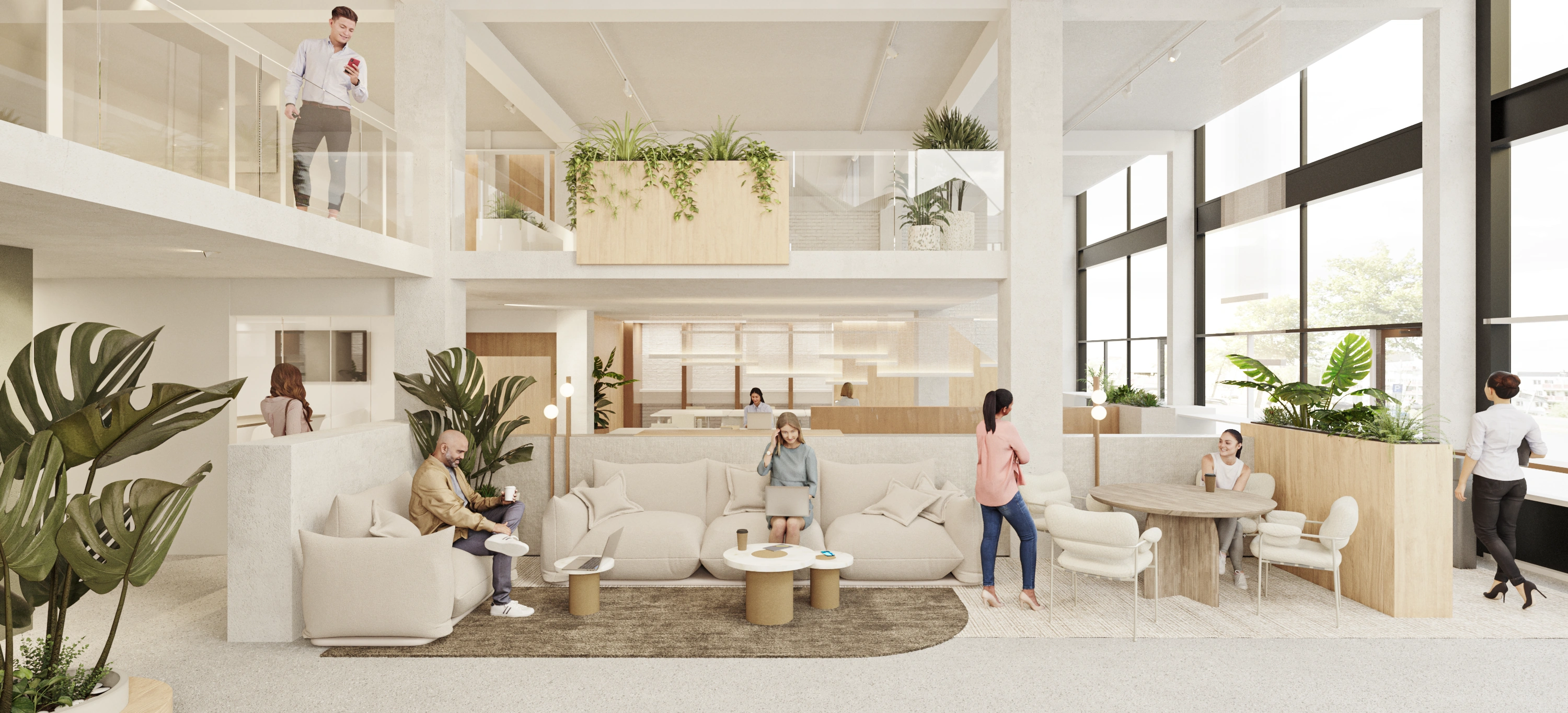 Moderne open werkruimte met meerdere mensen die werken, praten en ontspannen in een lichte, groen ingerichte omgeving.