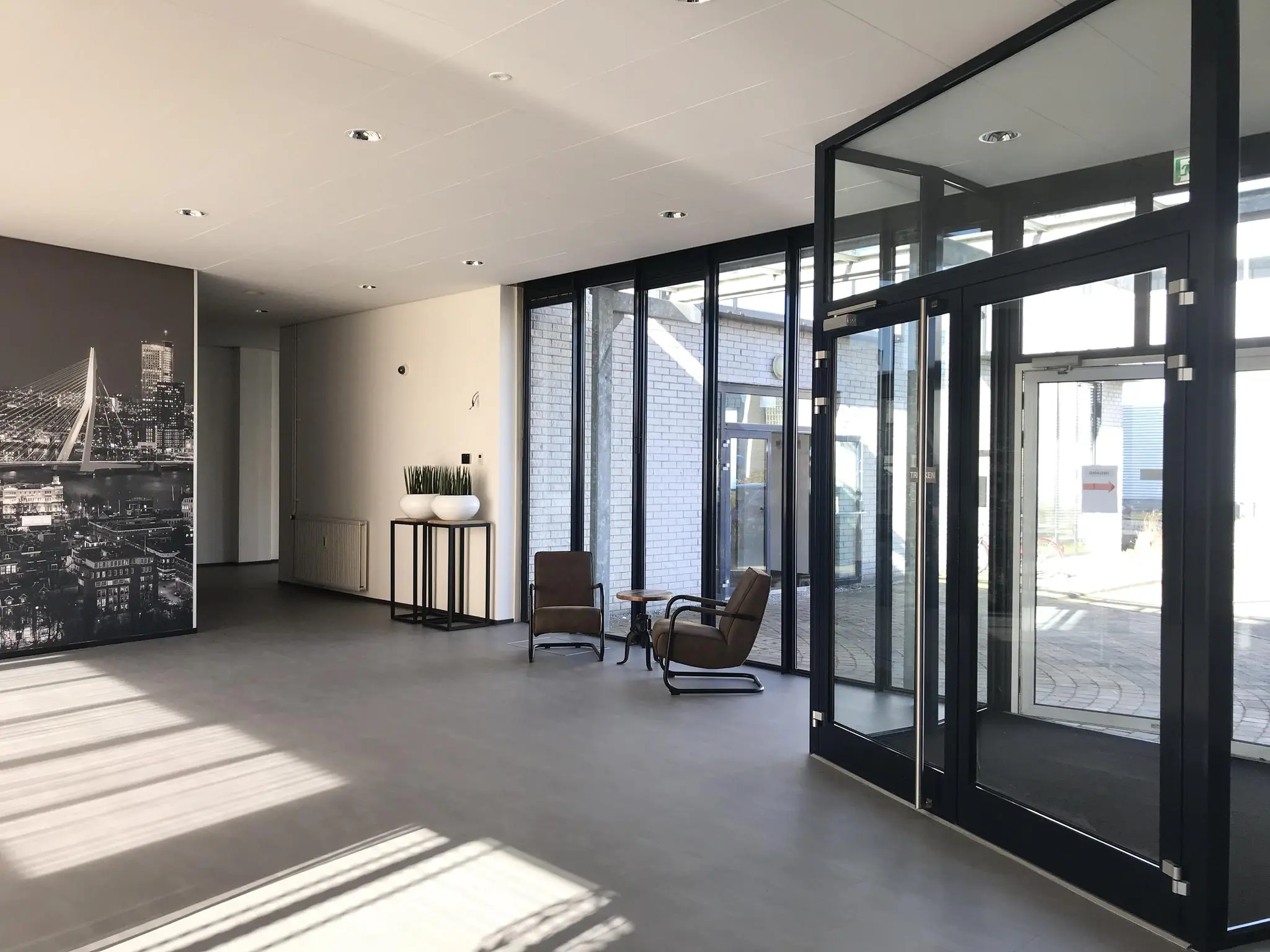 Moderne, lichte entreehal met glazen deuren, twee stoelen, een plantentafel en een muurfoto van de Rotterdamse skyline.