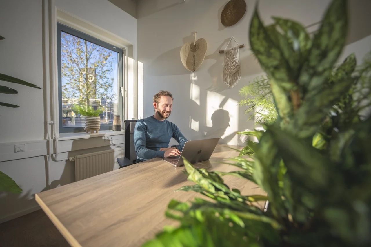 Man werkt lachend op een laptop in een zonnig, groen ingericht kantoor met decoraties aan de muur.