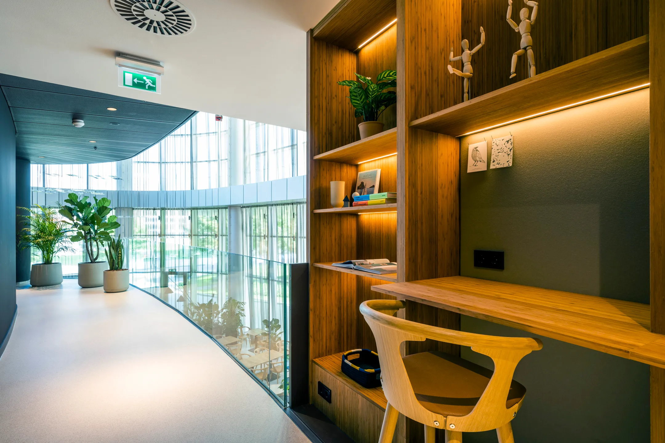 Een moderne, lichte werkruimte met houten boekenplanken, design stoel en veel planten.