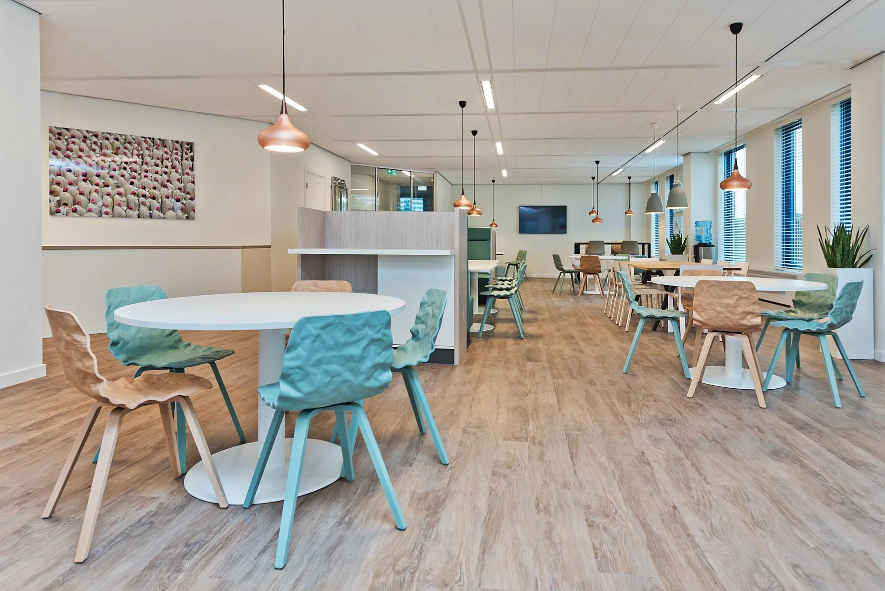Moderne en open kantoorkantine met ronde tafels, gekleurde stoelen en warme verlichting op Kosterijland.