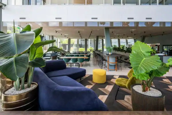 Moderne lounge met een blauw fluwelen bank, grote planten en een open, licht interieur met zitplaatsen en een bar.
