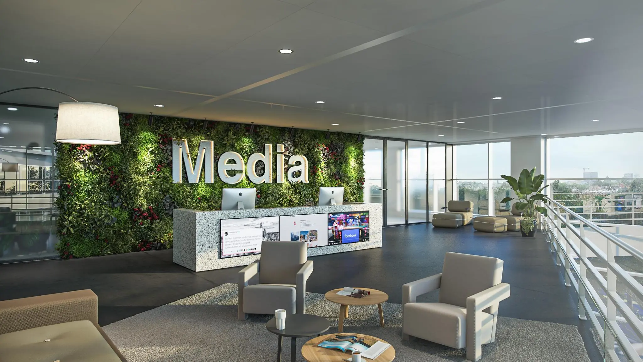 Moderne ontvangsthal van een mediabedrijf op de Newtonlaan, met een groene wand, balie en loungegedeelte.