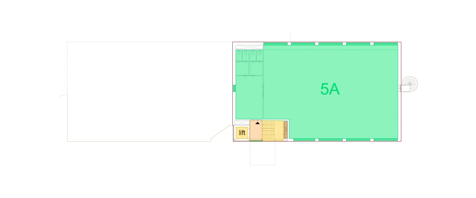 Plattegrond van ruimte 5A op de Mijlweg met lift, trap en sanitaire voorzieningen.