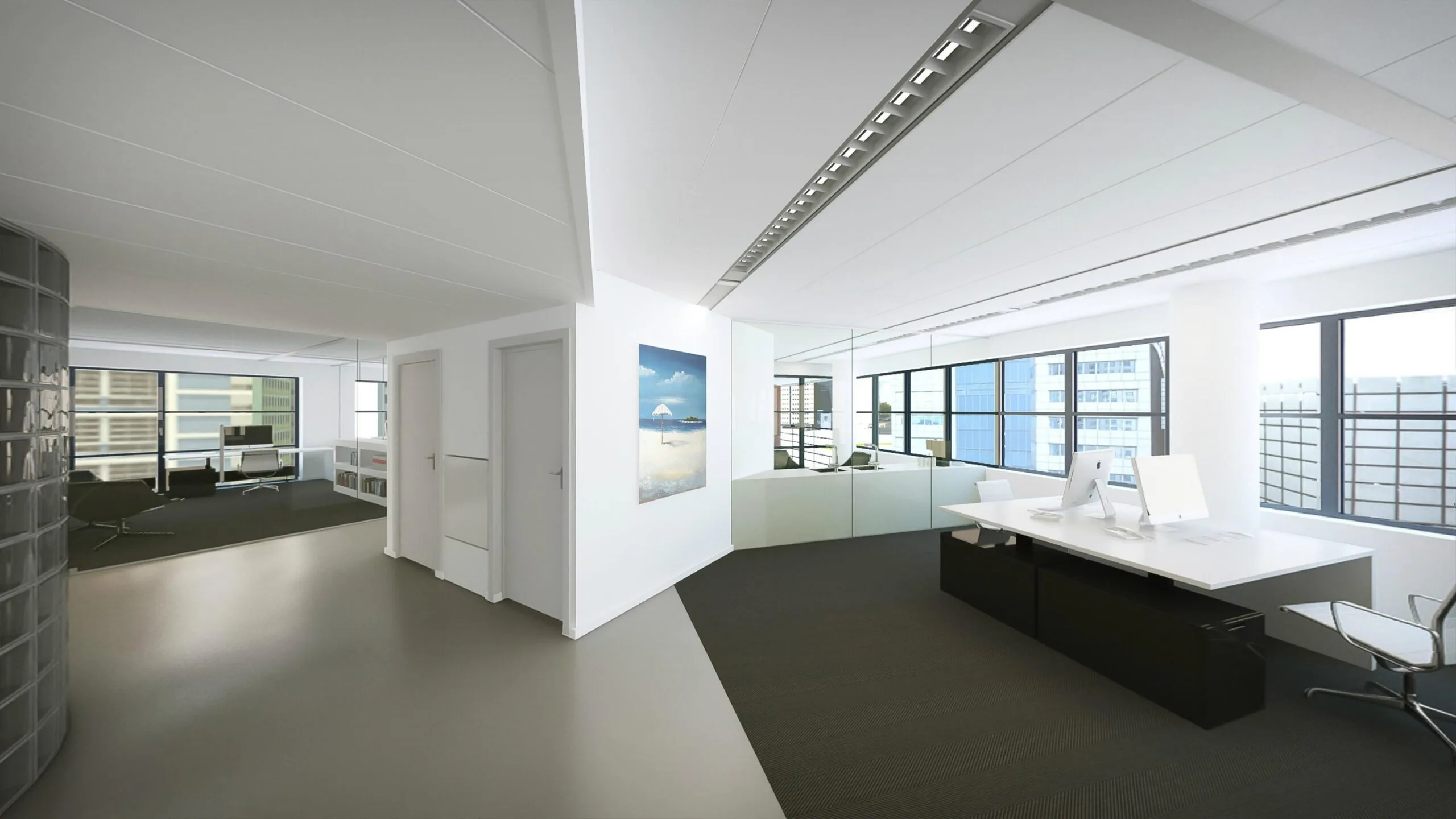 Een modern kantoorinterieur met witte muren, glazen wanden en grote ramen met uitzicht op andere gebouwen.