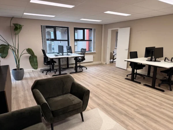 Een moderne kantoorruimte met bureaus, stoelen, computerschermen en een grote plant.