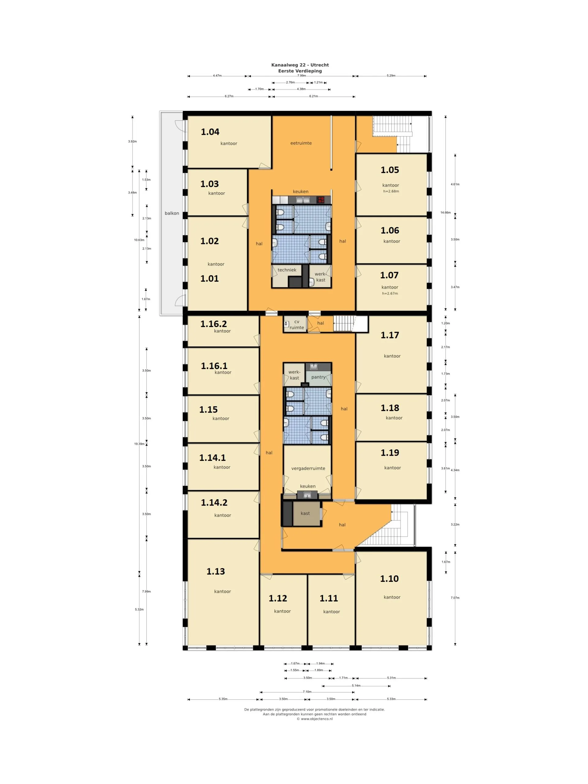 Plattegrond van de eerste verdieping van een kantoor aan de Kanaalweg 22 in Utrecht, met verschillende kantoorruimtes en faciliteiten.