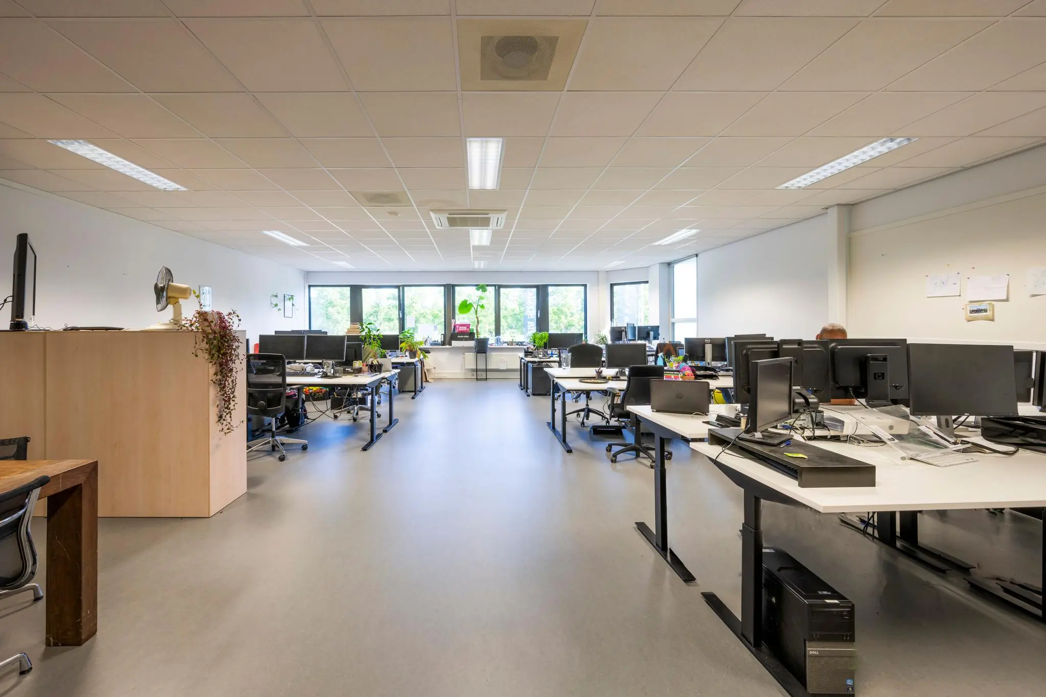 Ruim en licht kantoorinterieur aan de Stammerhove met meerdere werkplekken en grote ramen.