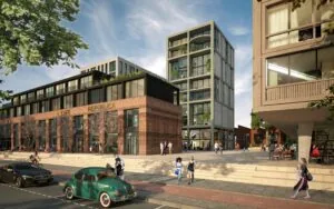 Moderne stadsbebouwing aan de Papaverweg met appartementen, een café en mensen op het plein.