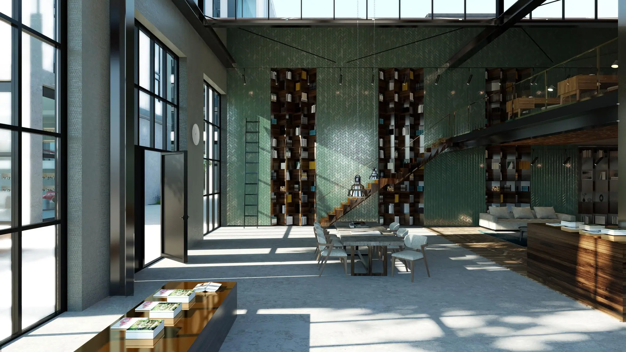 Moderne, lichtovergoten ruimte aan de Papaverweg met hoge plafonds, een grote boekenkastwand, glazen gevel en een mezzanine met zithoek.