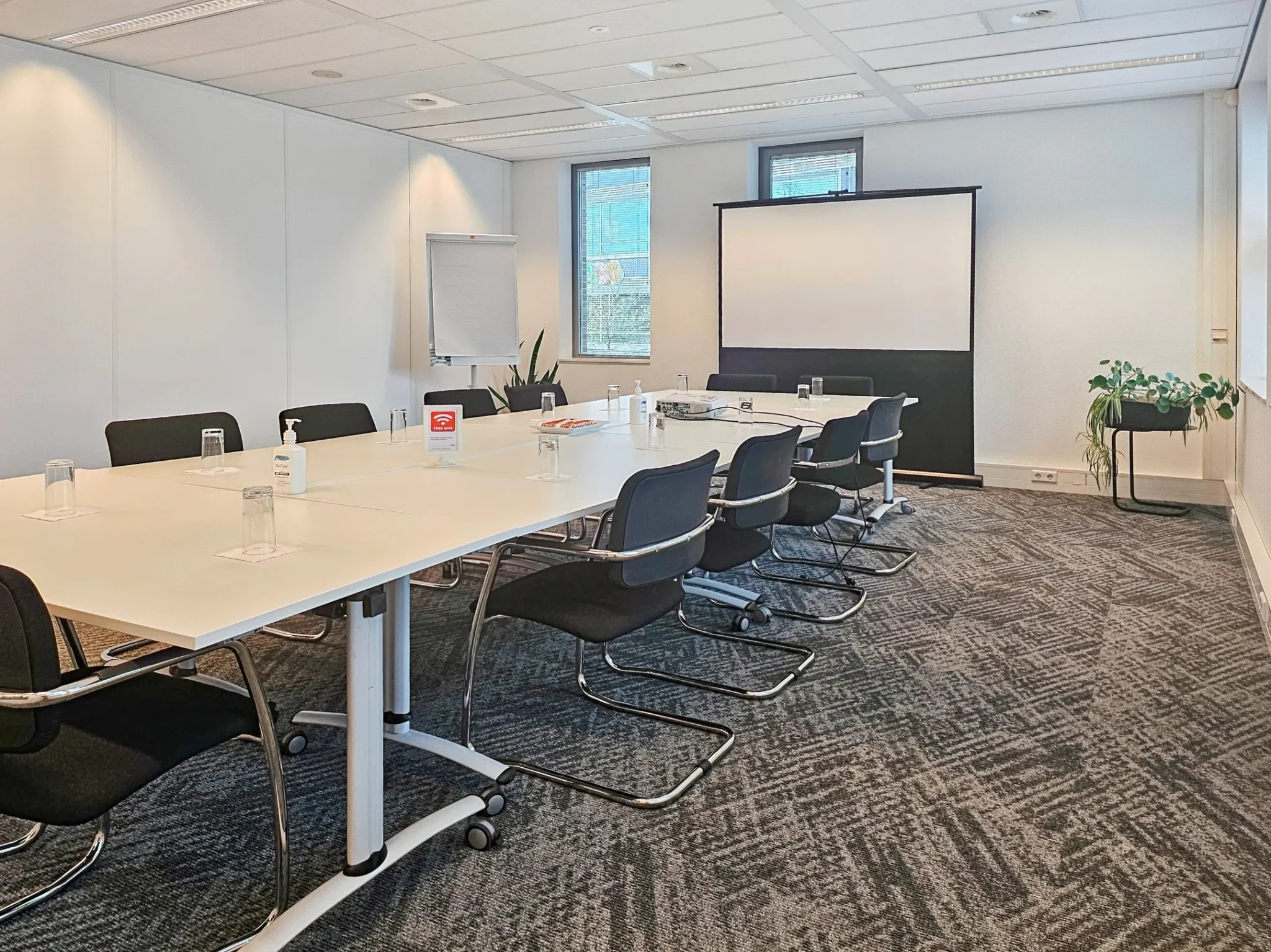 Vergaderruimte 997_2160 met een lange tafel, conferentiestoelen, een projectiescherm en een flip-over.