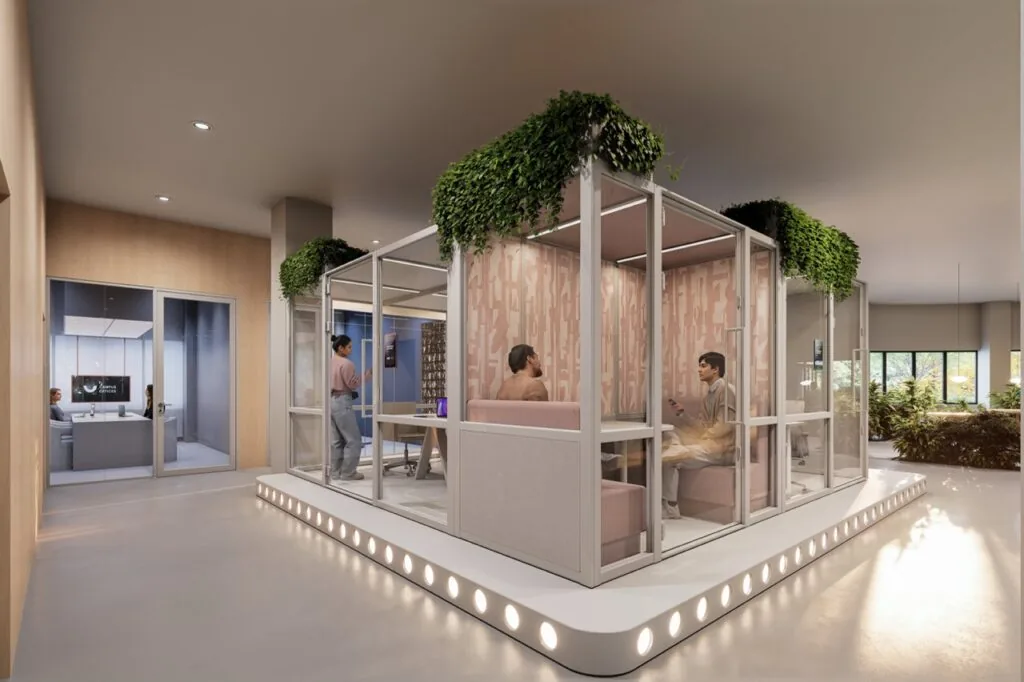 Moderne kantoorruimte met glazen vergaderunits, omgeven door planten en ingericht met zachte tinten.