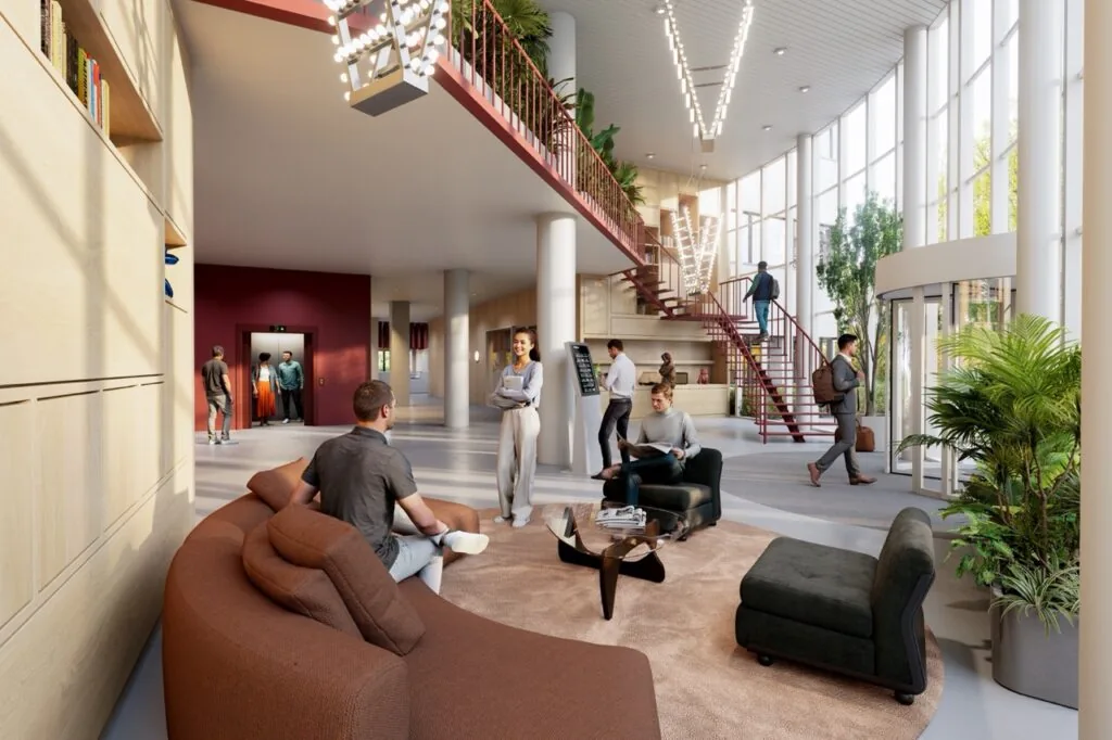 Een ruim en modern lobby-interieur met mensen die ontspannen en gesprekken voeren.