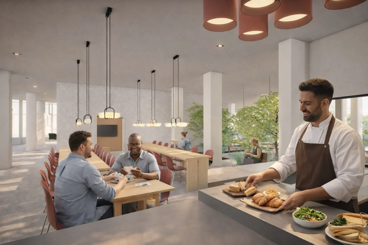Een chef-kok serveert broodjes terwijl mensen in een stijlvolle, moderne eetruimte aan een tafel kaarten.