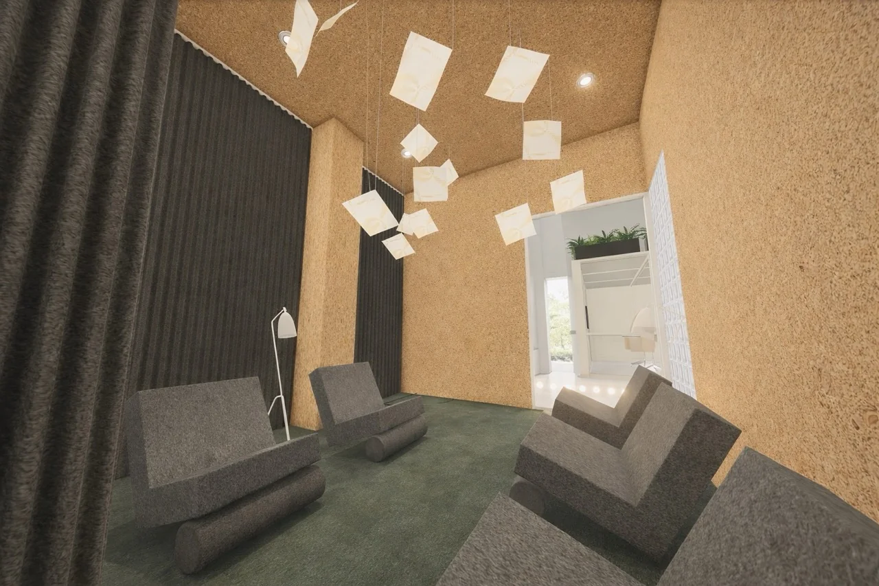 Een moderne ruimte met grijze stoelen, een vloerlamp, houten wanden, en hangende decoratieve lampen.
