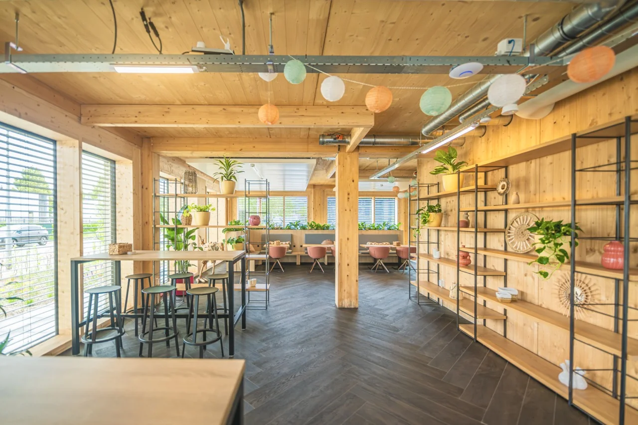 Licht en modern kantoorinterieur met houten afwerking, veel planten en kleurrijke decoratie.