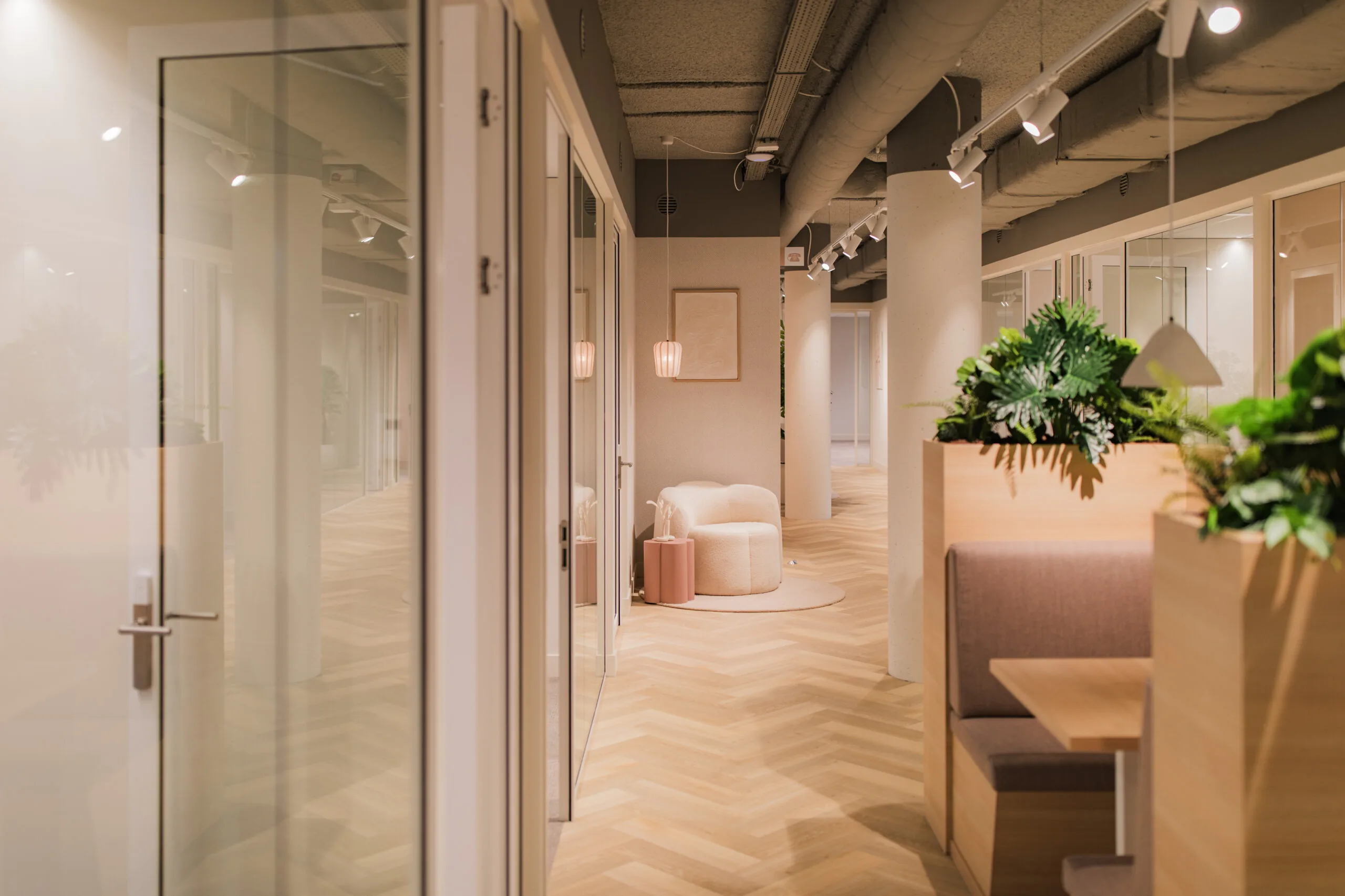 Modern office interior at Hullenberg 145 with wooden flooring, built-in seating, indoor plants, and minimalist decor.
