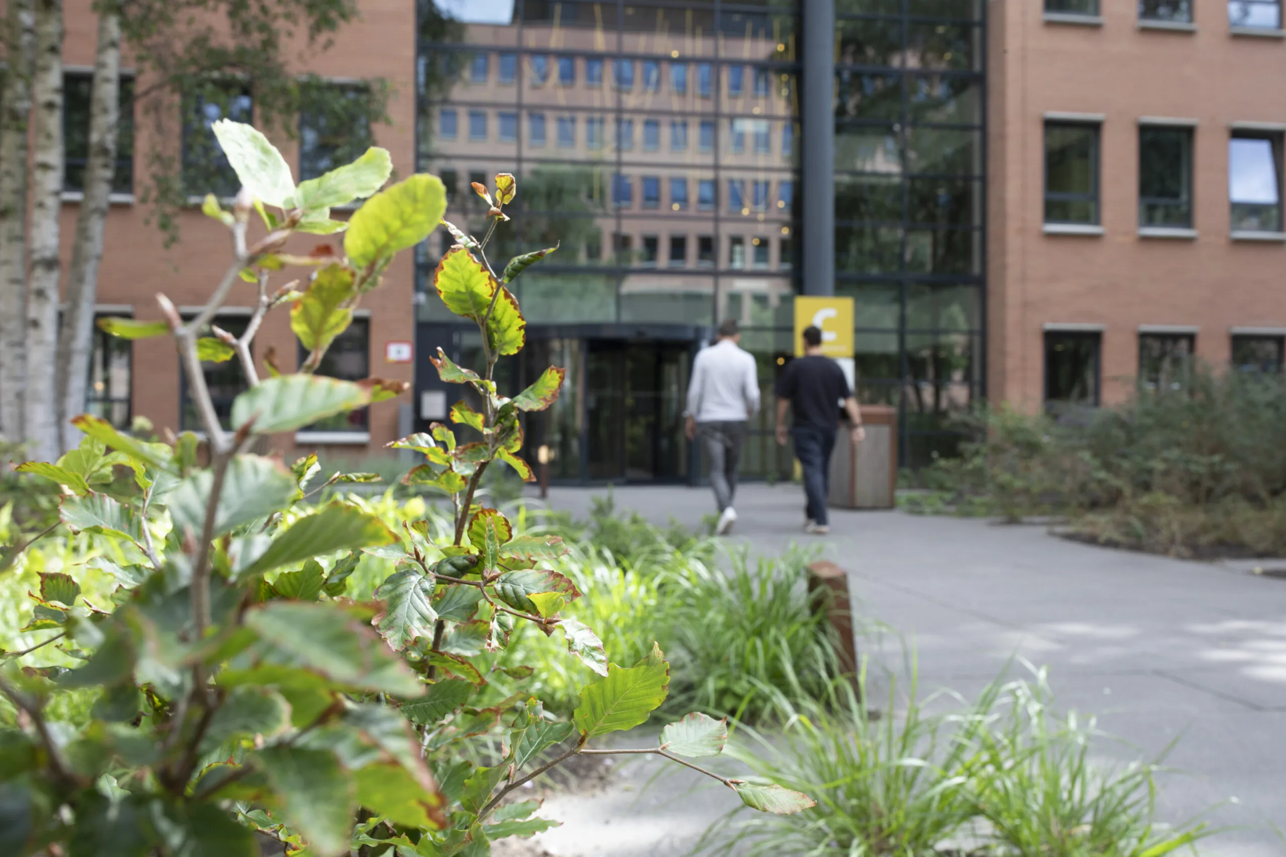 Two people walk towards the EO-ADHUL11 building entrance, surrounded by greenery and modern architecture.