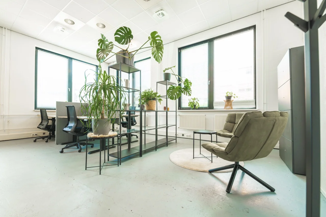 Moderne flexwerkruimte met bureaus, loungezitjes en veel groene planten bij grote ramen.