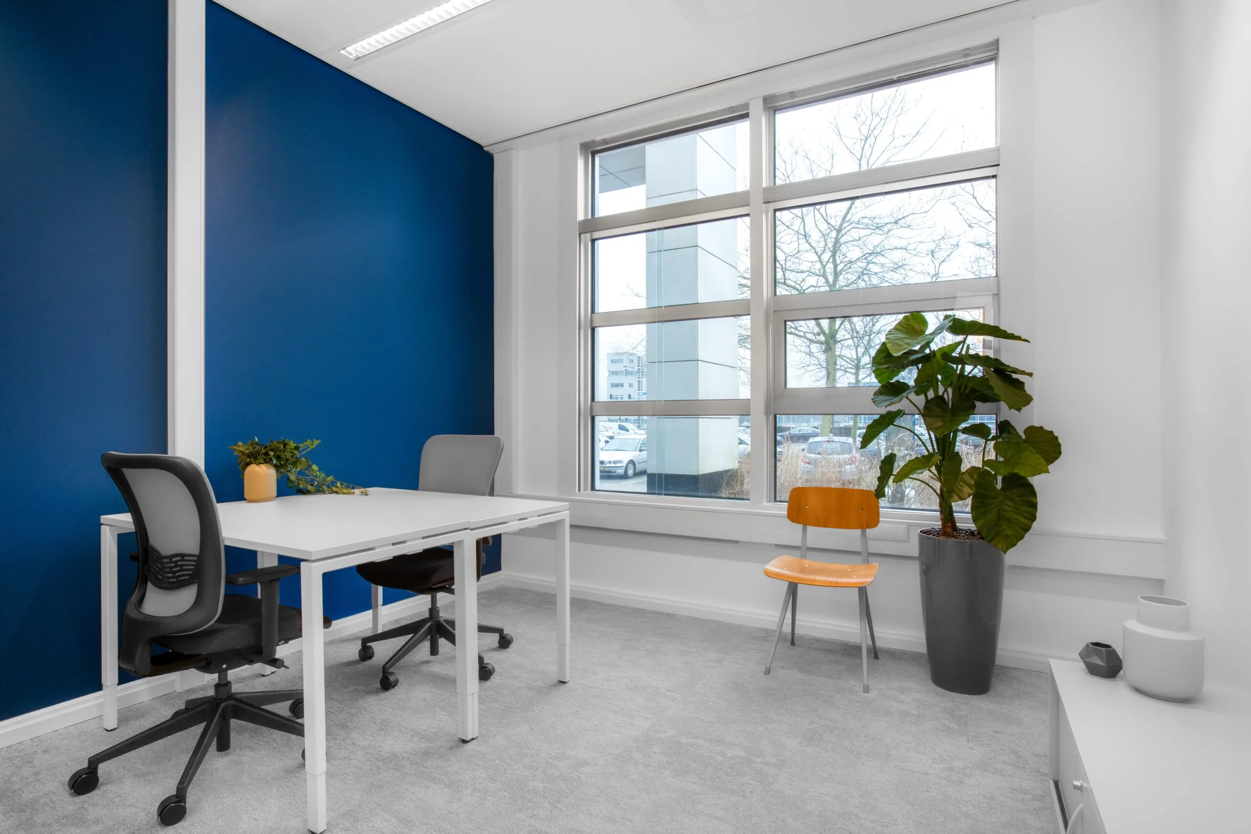 Moderne kantoorruimte aan de Laarderhoogtweg in Amsterdam met twee werkplekken, een grote plant en veel daglicht.